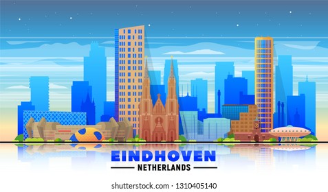 Eindhoven the Netherlands skyline with panorama at sky background. Vector Illustration. Business travel and tourism concept with modern buildings. Image for banner or web site.