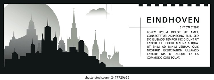 Eindhoven skyline vector banner, black and white minimalistic cityscape silhouette. Netherlands, Holland city horizontal graphic, travel infographic, monochrome layout for website