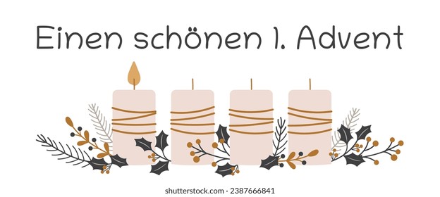 Einen schönen 1. Advent - text in German language - Happy 1. Advent. Greeting card with candles and winter branches.