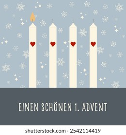 Einen schönen 1. Advent - text in German language - Happy 1. Advent. Square greeting card with four candles with hearts in front of a snowflake background.