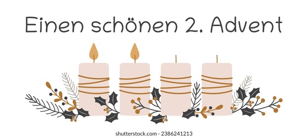 Einen schönen 2. Advent - text in German language - Happy 2. Advent. Greeting card with candles and winter branches.