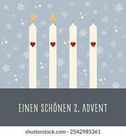 Einen schönen 2. Advent - text in German language - Happy 2. Advent. Square greeting card with four candles with hearts in front of a snowflake background.