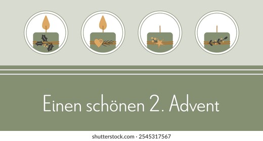 Einen schönen 2. Advent - text in German language - Happy 2. Advent. Greeting card with four decorated candles in green, gold and anthracite.