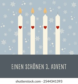 Einen schönen 3. Advent - text in German language - Happy 3. Advent. Square greeting card with four candles with hearts in front of a snowflake background.