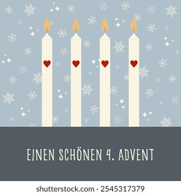 Einen schönen 4. Advent - text in German language - Happy 4. Advent. Square greeting card with four candles with hearts in front of a snowflake background.