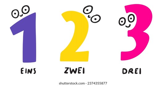 Eins, zwei, drei. It's one, two, three in German language. Funny numbers. Learn language for children. Vector illustration design.