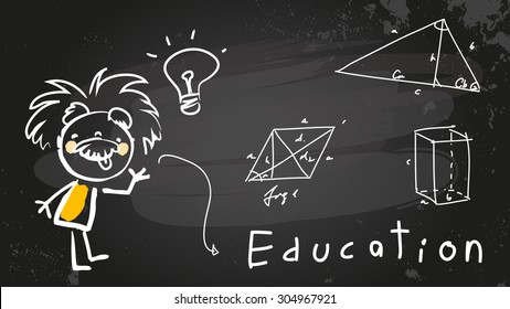 Einstein Kid, Child Student At School. Chalk On Blackboard Educational Vector Doodle, Sketch. 