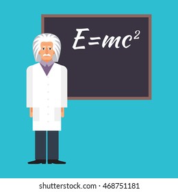 Einstein is standing next to the blackboard with the formula. Colorful vector flat illustration.