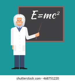 Einstein is standing next to the blackboard with the formula. Colorful vector flat illustration.