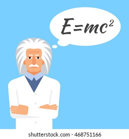 Einstein is stands keeping the formula in his head. Colorful vector flat illustration.