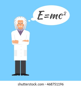 Einstein is stands keeping the formula in his head. Colorful vector flat illustration.