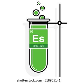Einsteinio symbol - Einsteinium in Spanish language - on label in a green test tube with holder. Element number 99 of the Periodic Table of the Elements - Chemistry