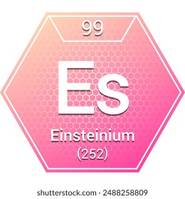 Einsteinium (Es) (099) Actinide - Fundamental Chemical Element, Periodic Table in Chemistry Symbol, Name, Atomic Mass, Number, Chemistry Hexagon Logo Icon Design, White Background