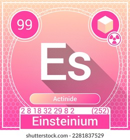Einsteinium (Es) Element - Actinide - Periodic Table, Chemical Symbol, Name, Atomic Weight, Atomic Number, Electron Shells, Classification, Phase at STP - Chemistry Logo Icon Design