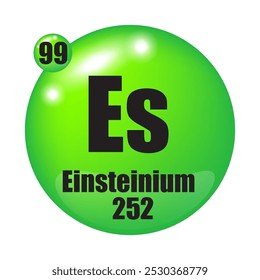 Einsteinium-Ikone. Es chemisches Element. Atomnummer 99. Masse 252. Grünes Kugelbild. Vektorsymbol.