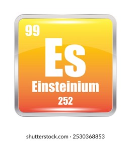 Einsteinium-Ikone. Es chemisches Element. Atomnummer 99. Masse 252. Orangefarbenes quadratisches Design.