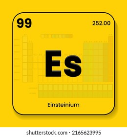 Einsteinium the periodic table of  elements with name and symbol and atomic number and weight. Vector icon illustration placed in yellow wallpaper with table of elements transparent in the background