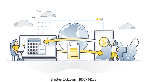 Facturación electrónica como concepto de esquema de transferencia digital de dinero de factura de compra. Sistema de pago financiero con lista de transacciones y archivo de recepción que envía ilustración vectorial. Tecnología de documentos electrónicos para la banca.