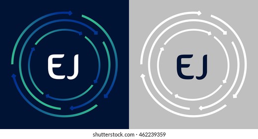 EJ design template elements in abstract background logo, design identity in circle, letters business logo icon, blue/green alphabet letters, simplicity graphics