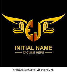 EJ Golden Wing Emblem Logo with elegant gold wings, sleek and modern design. Ideal for branding, creative projects, luxury businesses, or artistic ventures.