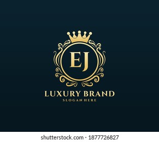 EJ Initial Letter Gold calligraphic feminine floral hand drawn heraldic monogram antique vintage style luxury logo design.