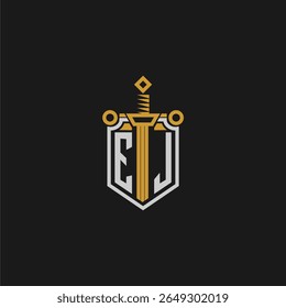 EJ monograma inicial para imagem de escudo e espada