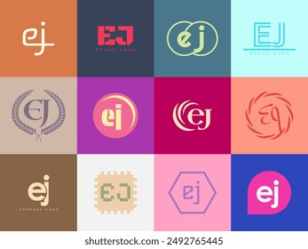 EJ logo company template. Letter e and j logotype. Set different classic serif lettering and modern bold text with design elements. Initial font typography. Collection trendy business identity.