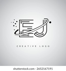 EJ Orbit Monogram Logo – Futuristic Minimal Letter mark with Circular Line Art, Tech-Inspired Dots and Space Motion Concept for Modern Branding Identity