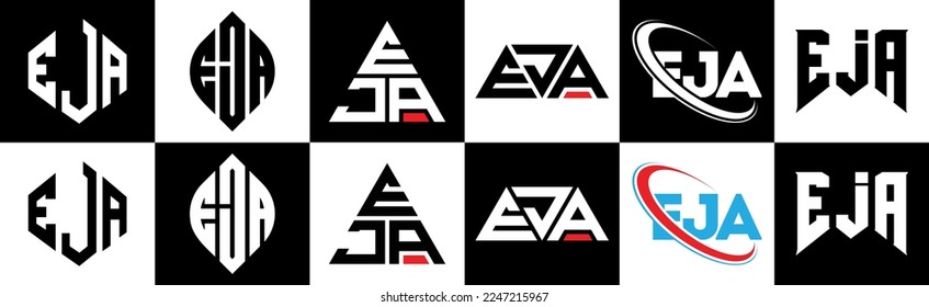 EJA letter logo design in six style. EJA polygon, circle, triangle, hexagon, flat and simple style with black and white color variation letter logo set in one artboard. EJA minimalist and classic logo