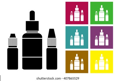 E-juice. Fluid for electronic cigarettes vector icon or color cards with bottles of liquid of electronic cigarettes. Vector Image.