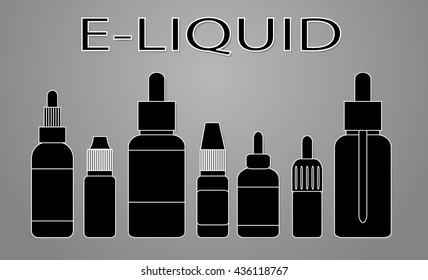 E-juice. Fluid for electronic cigarettes vector icon or card with bottles of liquid of electronic cigarettes. Vector Image.