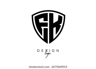 Logotipo inicial criativo EK com emblema escudo preto e branco Design mínimo da marca.