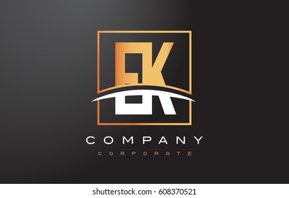 EK E K Golden Letter Logo Design with Swoosh and Rectangle Square Box Vector Design.