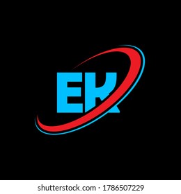 Diseño del logotipo de la letra EK E K. Letra inicial del logotipo monograma superior del círculo vinculado a EK rojo y azul. Logotipo EK, diseño E K. ek, e k