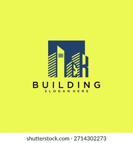 Logotipo inicial del edificio de la letra del EK para los bienes raíces con diseño cuadrado