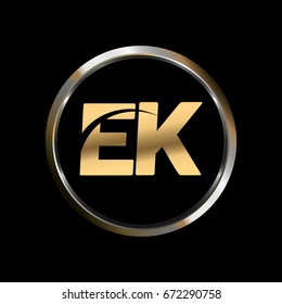 EK initial letter logo inside circle shape, EK inside o rounded lowercase logo gold silver