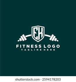 EK initial monogram for fitnes or gym logo with creative shield and barbell design