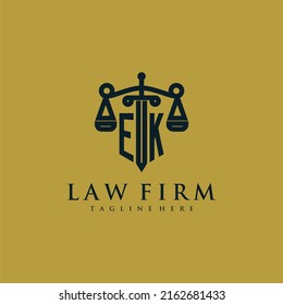 EK initial monogram for lawfirm logo with sword and scale