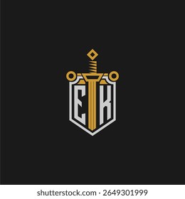 EK monograma inicial para imagem de escudo e espada