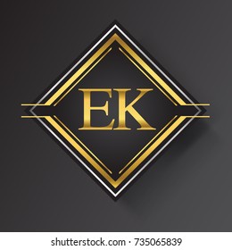 EK Letter logo in a square shape gold and silver colored geometric ornaments. Vector design template elements for your business or company identity.