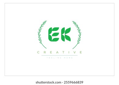 EK letters eco logo with leaf. Fresh nature and healthy leaf logo design.