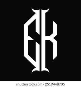 Escudo del hexágono del monograma del logotipo de EK con la Plantilla del diseño de la forma del cuerno