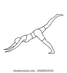 Eka Pada Adho Mukha Svanasana. Yoga pose. Black line drawing, silhouette. Vector illustration
