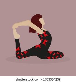 Eka Pada Rajakapotasana. One-Legged King Pigeon Pose. Asana for flexible legs and back. Vector flat illustration. Young woman in beautiful black tracksuit with red butterflies practicing yoga. 