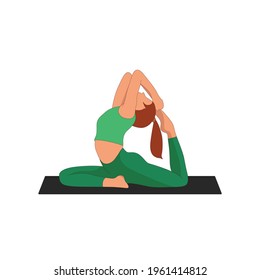 Eka Pada Rajakapotasana. One-Legged King Pigeon Pose. Relaxation in home studio yoga. Asana for flexible legs and back. Young woman practicing yoga exercise on mat. cartoon vector ilustration