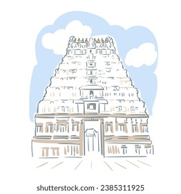 Ekambareswarar temple Hindu deity Shiva Kanchipuram in Tamil Nadu India religion institution vector sketch city illustration line art sketch simple