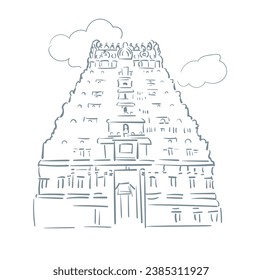 Ekambareswarar temple Hindu deity Shiva Kanchipuram in Tamil Nadu India religion institution vector sketch city illustration line art sketch simple