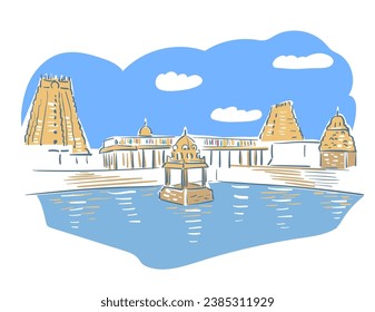 Ekambareswarar temple Hindu deity Shiva Kanchipuram in Tamil Nadu India religion institution vector sketch city illustration line art sketch simple