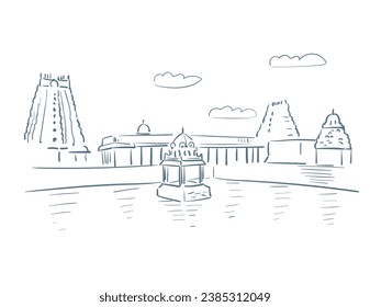 Ekambareswarar temple Hindu deity Shiva Kanchipuram in Tamil Nadu India religion institution vector sketch city illustration line art sketch simple