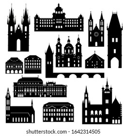 Ekaterinburgo, Rusia - 12 02 2020: "Arquitectura de Praga. Colección de atracciones de Praga. Conjunto vectorial de la ciudad de Praga. Atracciones de viaje de la República Checa. Ilustración de estilo plano de la arquitectura checa"